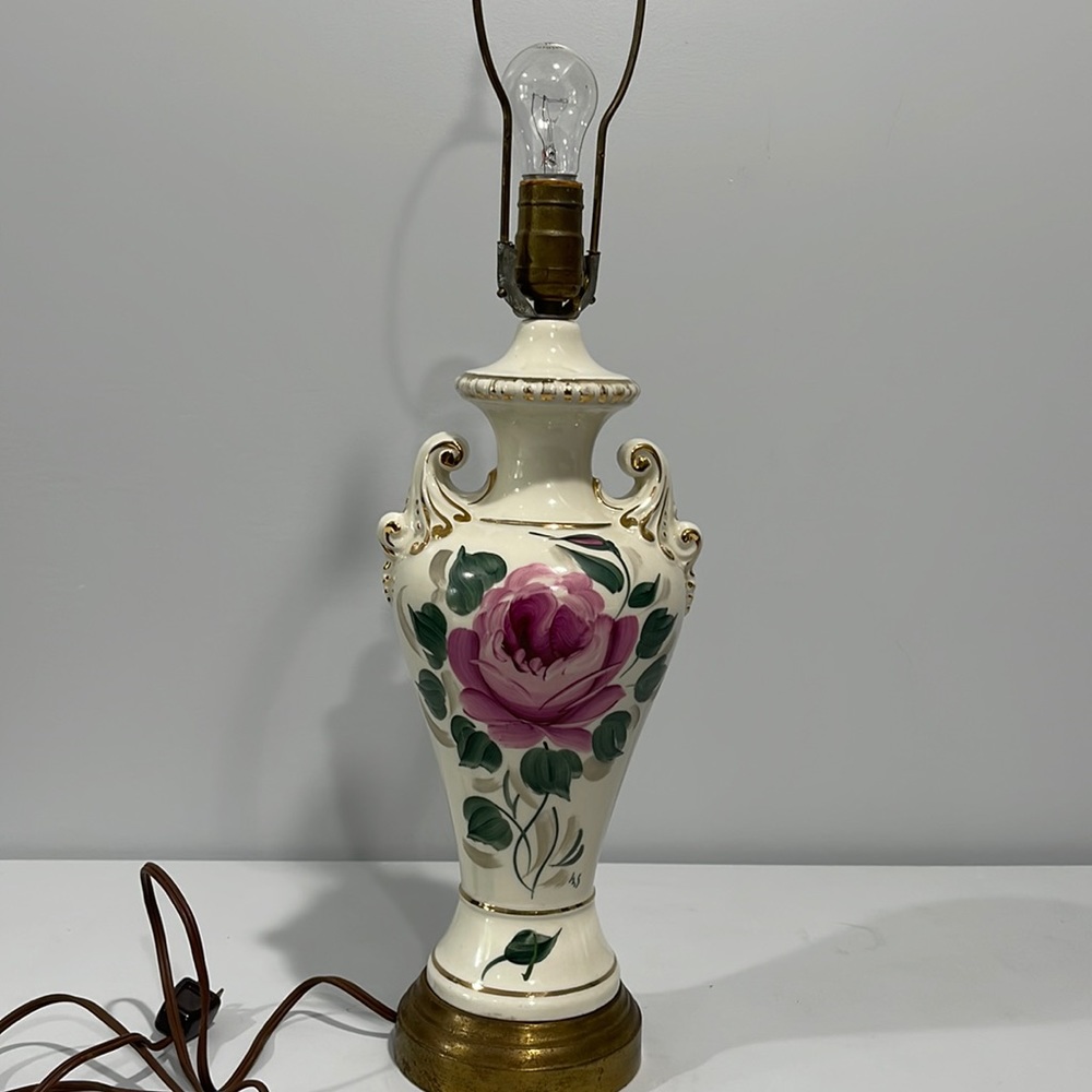 Vintage Porcelain Floral Double Handled Hand Painted Urn Style Lamp